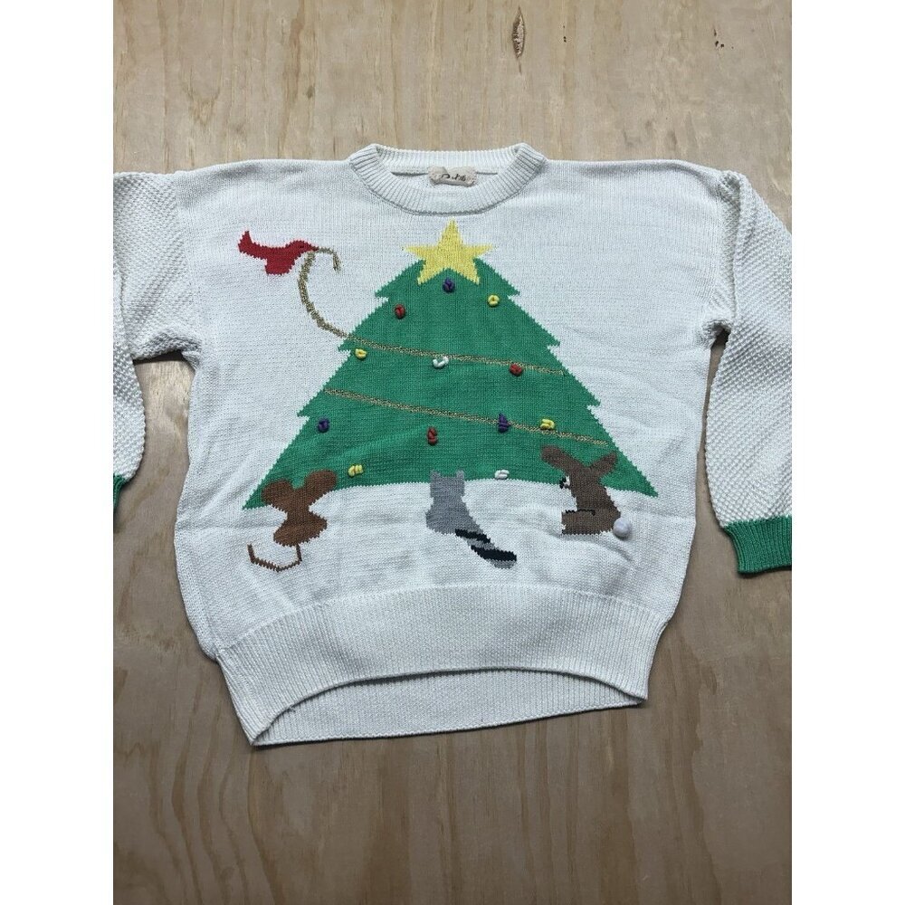 Vintage Christmas Tree With Wild Animals Raccoon Sweater Sz M Raised Ornaments‎